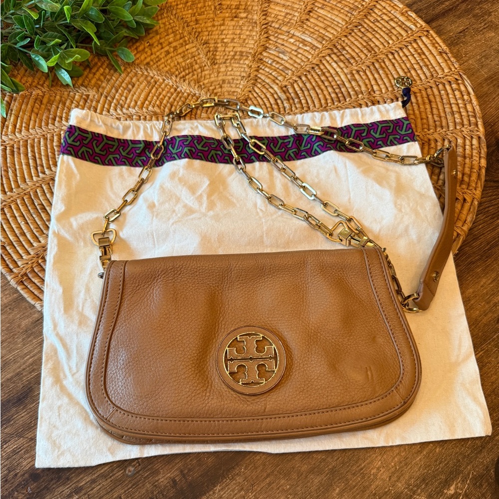 Tory Burch Cognac Pebbled Leather Shoulder Bag with Gold Hardware